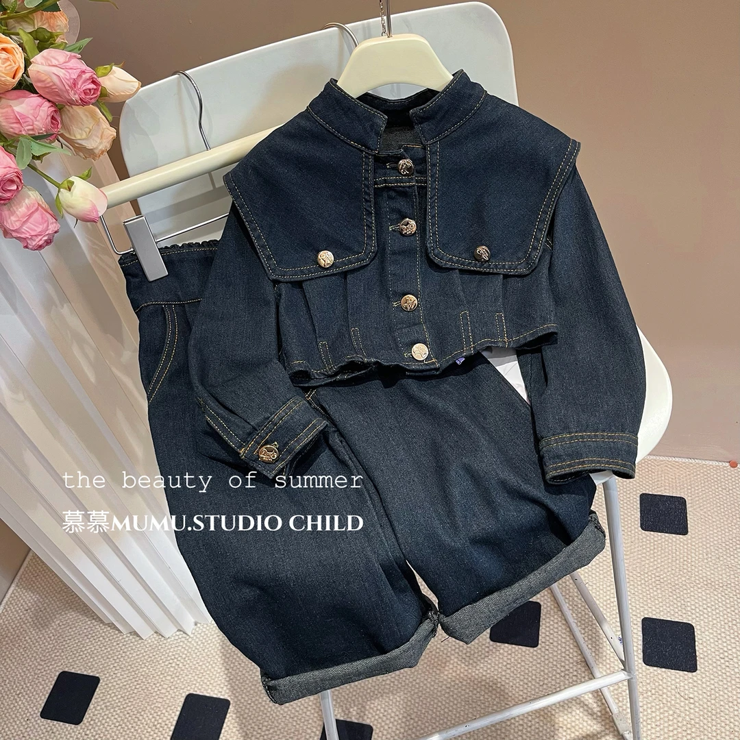【牛仔】女童套装2025春季新款百搭韩版牛仔外套+牛仔阔腿裤两件