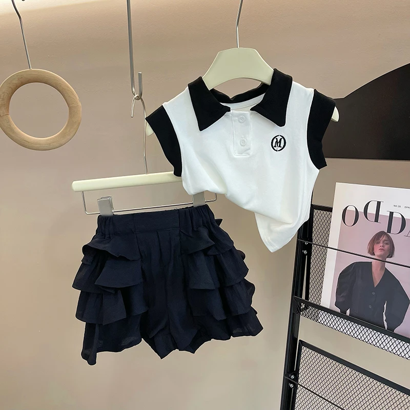女童夏装短款2024夏季新款中大儿童polo领短袖木耳花边短裤韩版潮