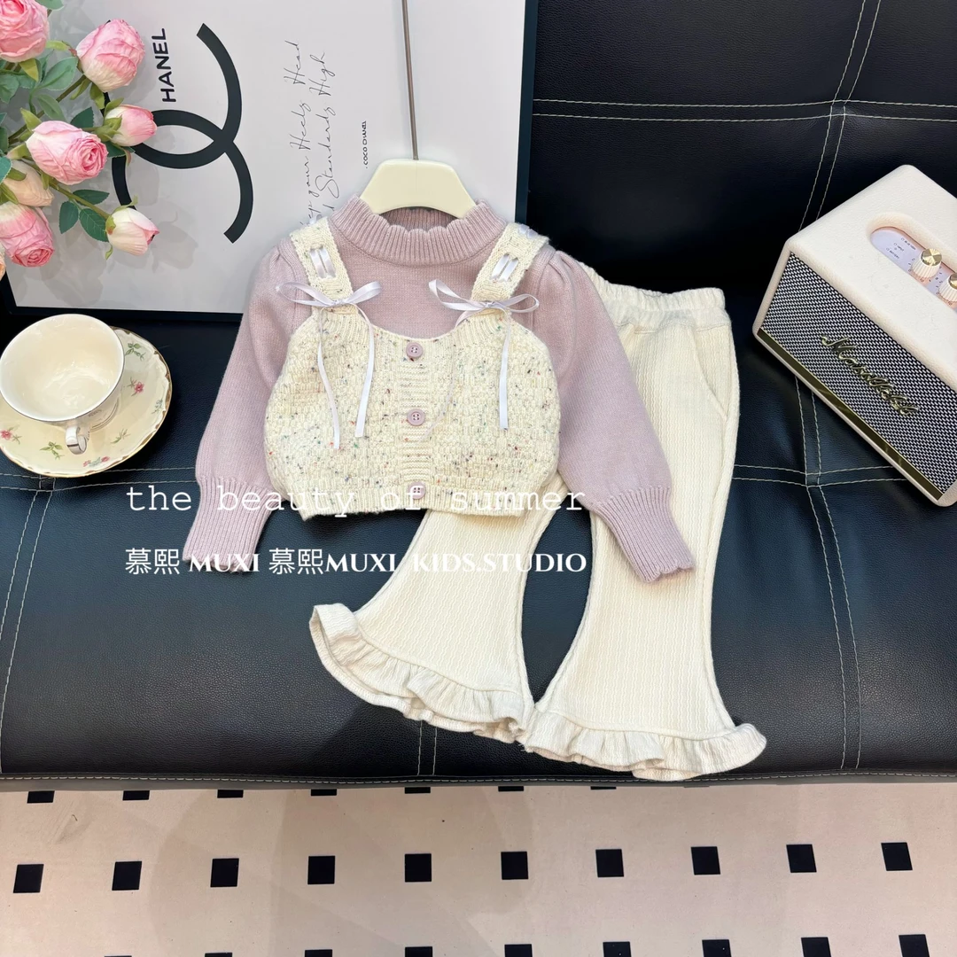 2024秋冬季新款儿童简约洋气马甲毛衣假两件+加绒喇叭裤子两件套