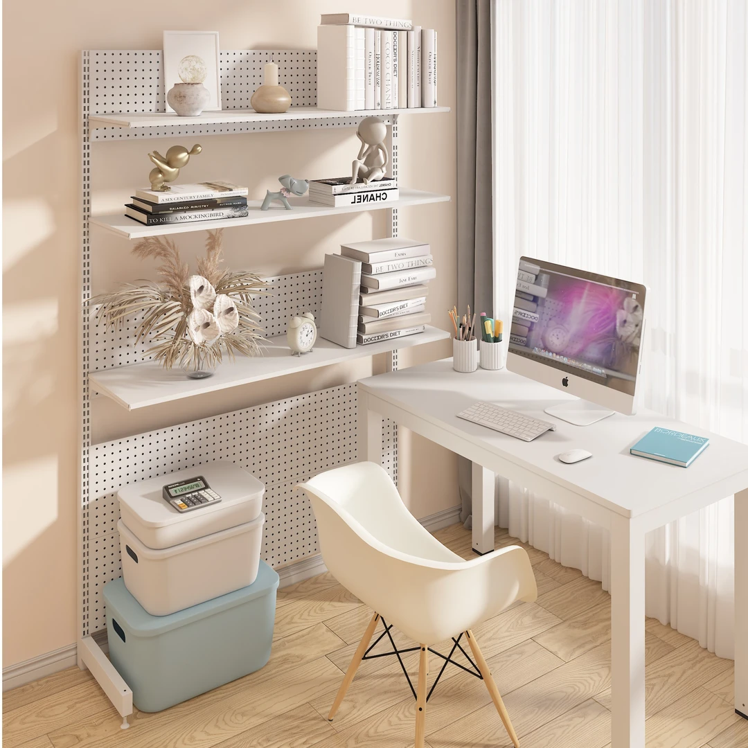 洞洞板五金书桌书架组合网红少女租房学习靠墙落地收纳一体置物架