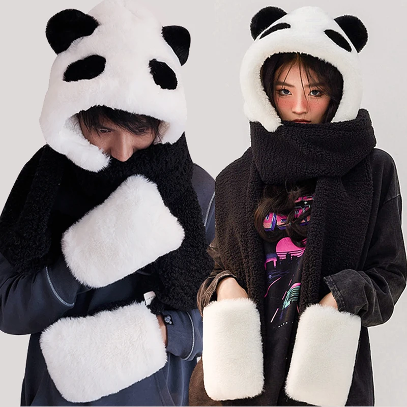 大熊猫卡通男女可爱防风保暖儿童连帽子围巾手套三合一套冬季加厚