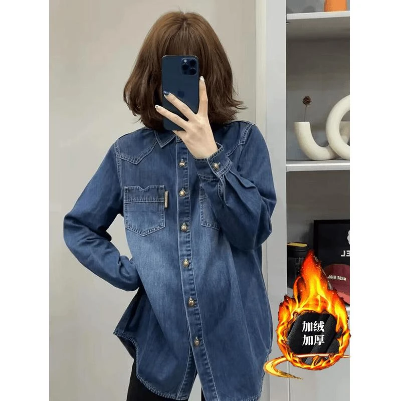 牛仔长袖加绒加厚衬衫女2025春秋新款韩版设计感百搭叠穿衬衣外套