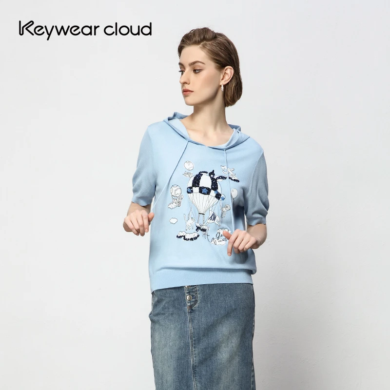 Keywearcloud奇威女装浅蓝色短袖针织小衫连帽印花T