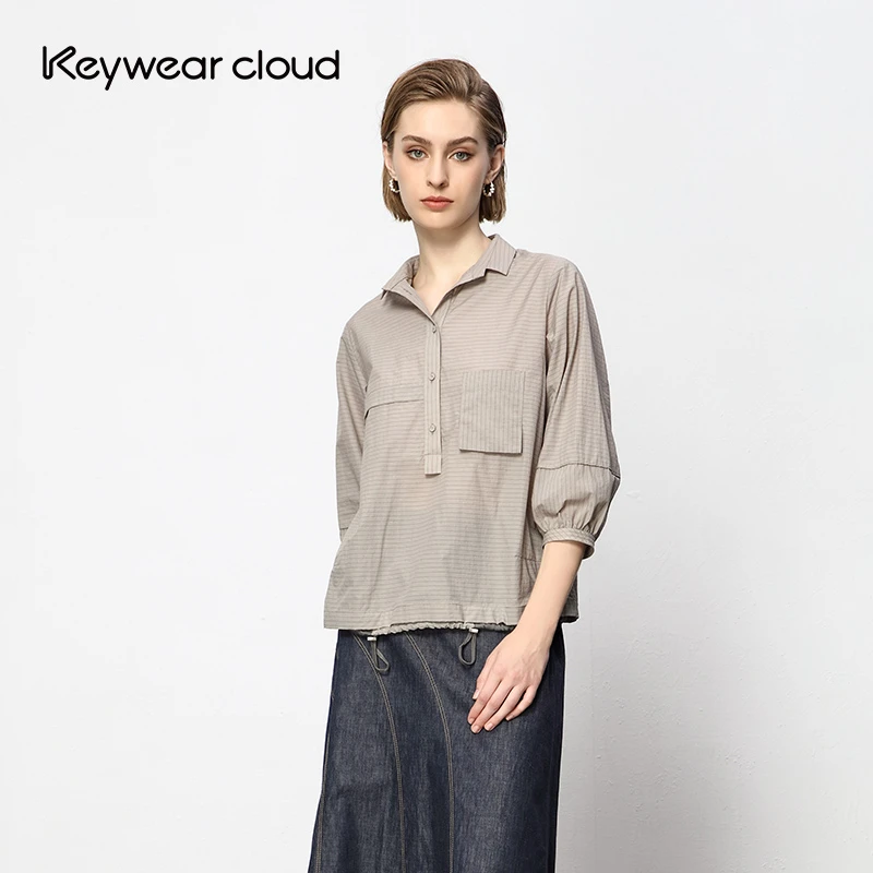 Keywearcloud奇威女装浅灰色通勤翻领七分袖条纹衬衫
