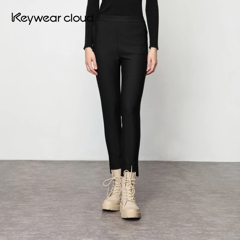Keywearcloud奇威秋季松紧腰直筒净色打底裤九分裤