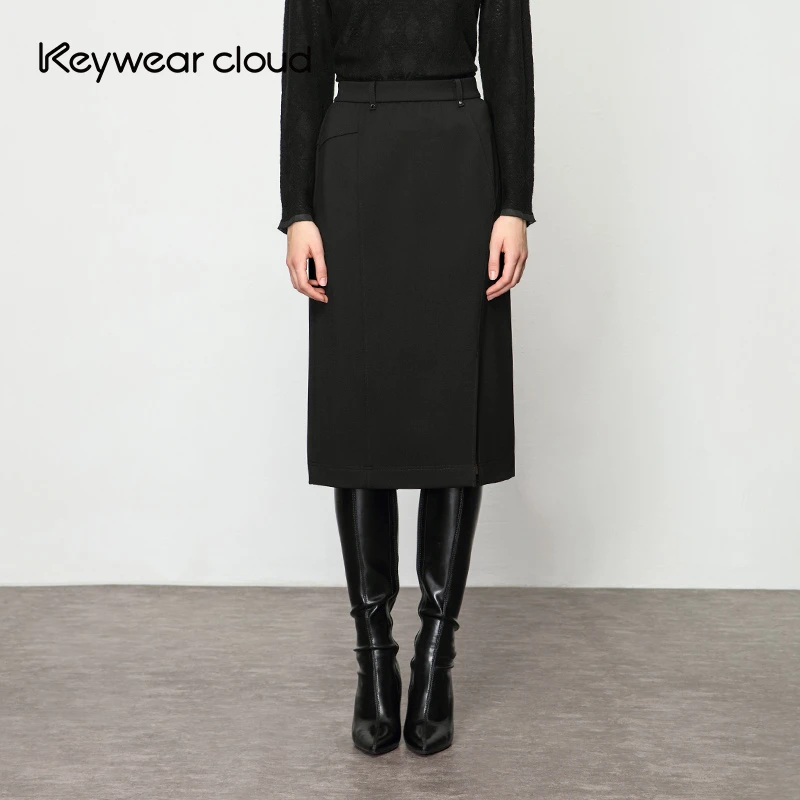 Keywearcloud奇威职业装高腰开叉黑色半身裙
