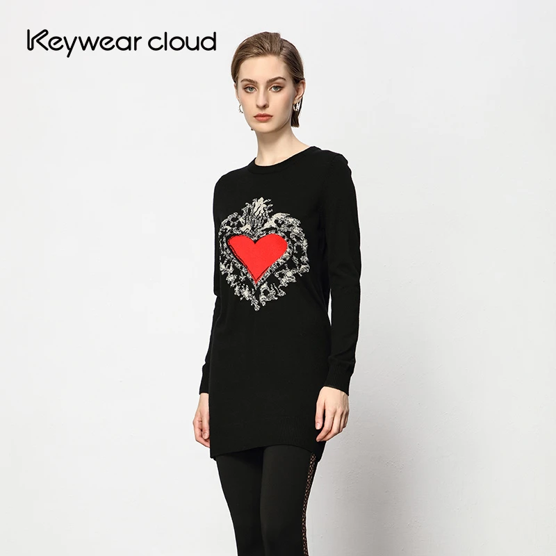 Keywearcloud奇威绵羊毛秋冬爱心提花设计休闲外穿裙毛衣针织衫