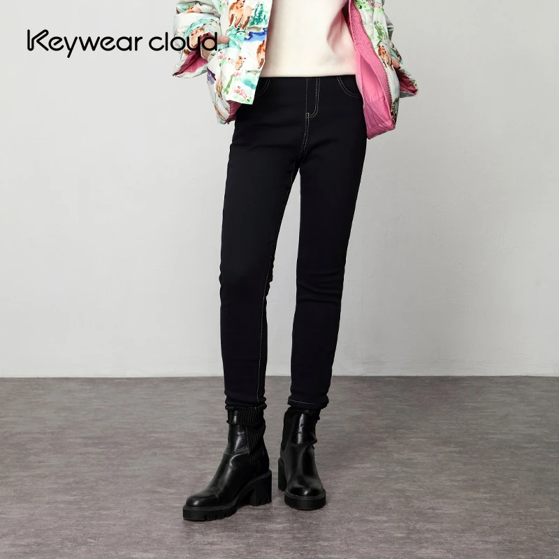 Keywearcloud奇威冬季新品修身蓝色水洗牛仔裤长裤