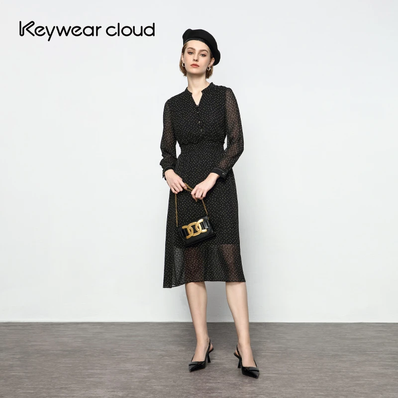 Keywearcloud奇威女装气质收腰黑色珠链装饰连身裙