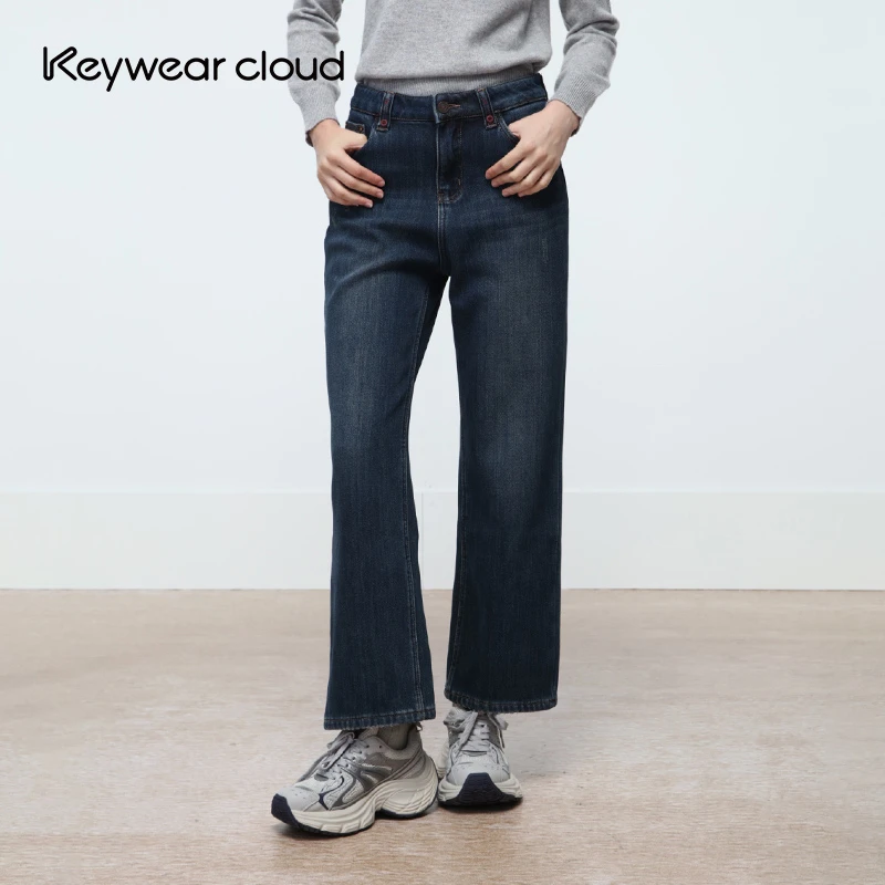 Keywearcloud奇威秋季复古磨白天丝棉混纺经典通勤休闲百搭牛仔裤