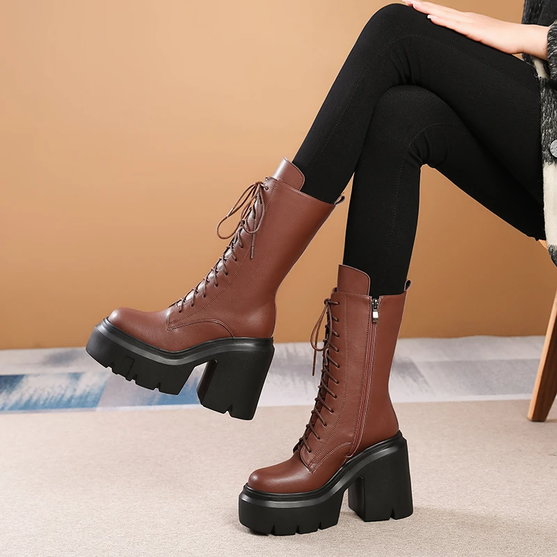 小个子内增高款12cm粗跟厚底马丁靴女秋冬新款超高跟真皮中筒靴子