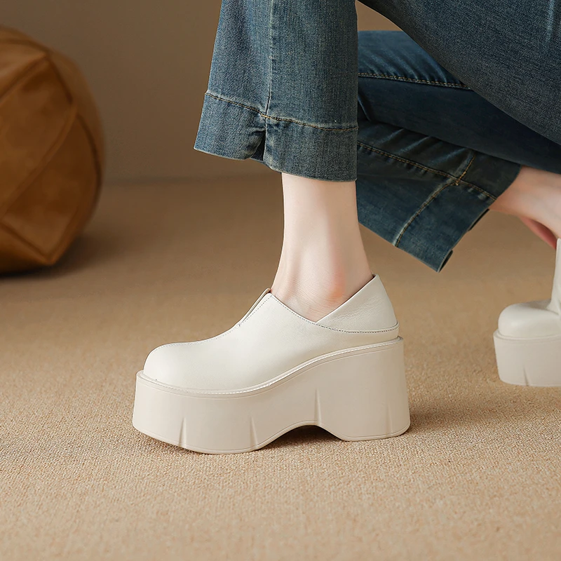 9cm增高坡跟小皮鞋小个子超高跟厚底一脚蹬懒人鞋真皮松糕单鞋女