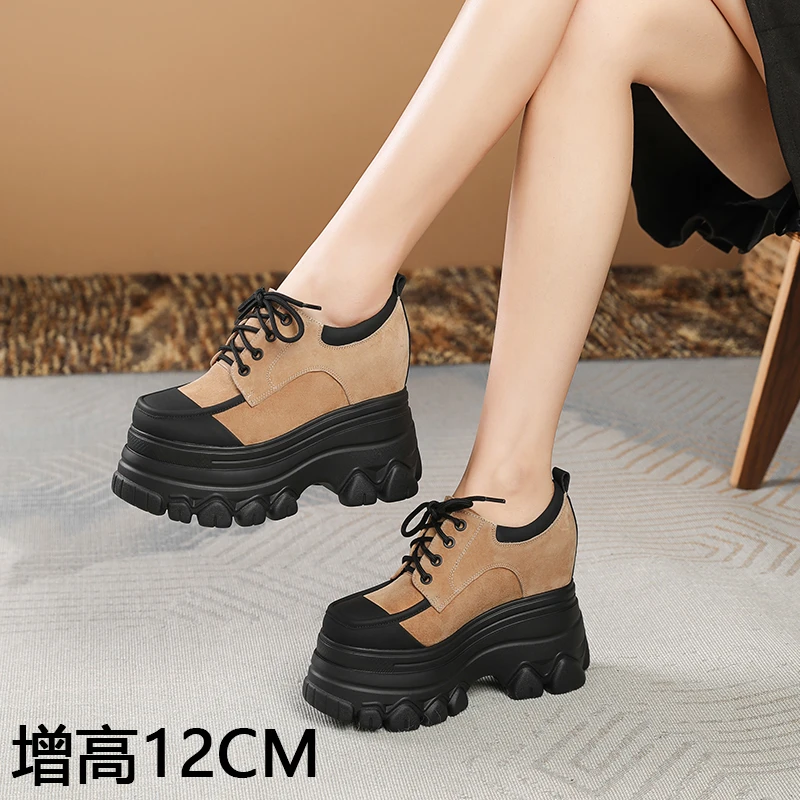 12cm内增高女鞋春秋防水台坡跟单鞋小个子厚底松糕鞋真皮休闲轻便