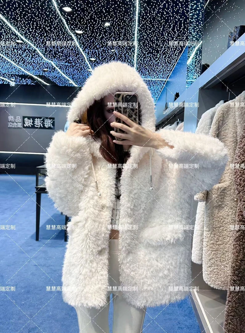 【慧慧】2024新款时尚百搭原创设计师新款轻奢连帽外套白色毛毛外套