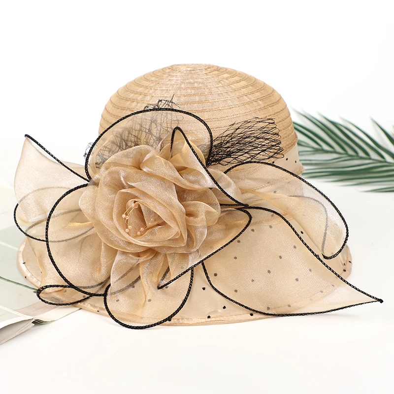 女士洋气花朵欧根纱太阳帽韩版百搭时尚遮阳帽夏季透气小沿渔夫帽
