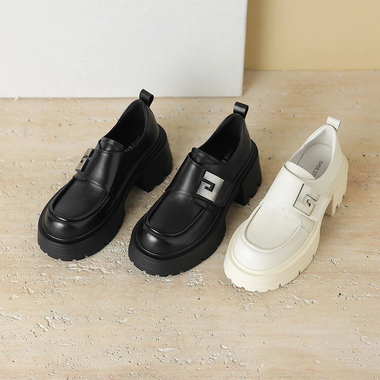 6CM~粗跟~33-42尺码春秋时尚厚底圆头黑色牛皮乐福鞋女百搭一脚蹬