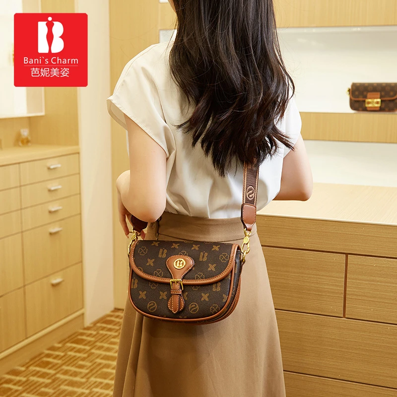 芭妮美姿新款潮时尚流行复古印花马鞍包单肩斜挎女士包包一件代发