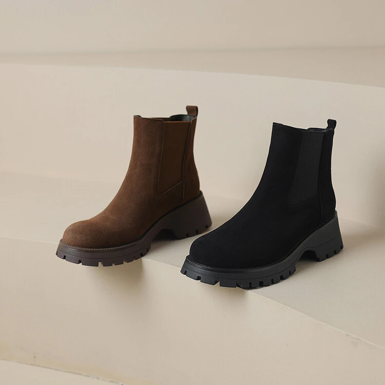 5.5CM粗跟33-41尺码秋冬复古冬季圆头短筒切尔西靴女厚底时尚百搭