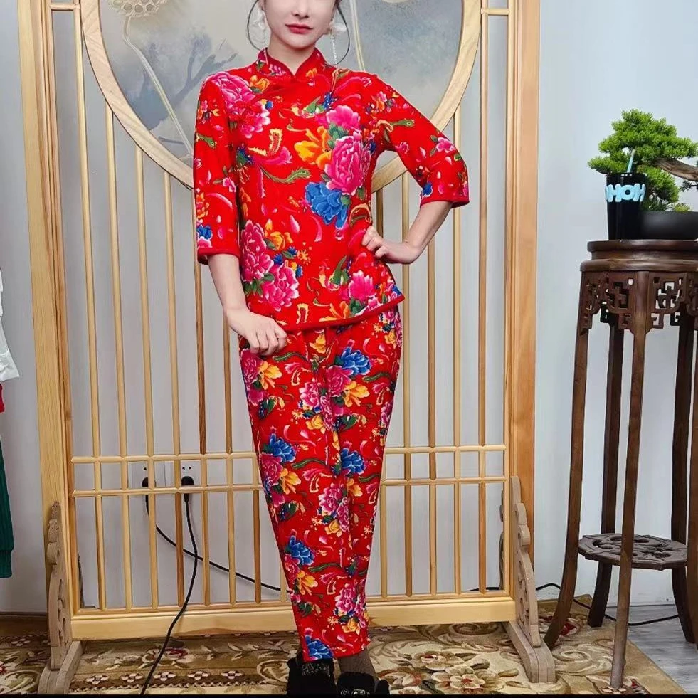 【羽】时尚女士碎花网红中国风印花走秀复古民族风上衣裤子套装