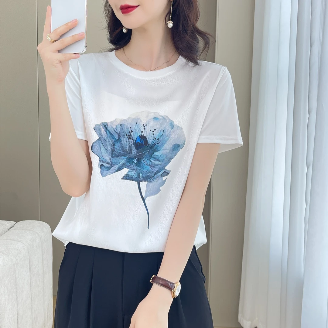 1402夏丝滑缎面冰凉感女半袖T恤洋气AB拼接短袖