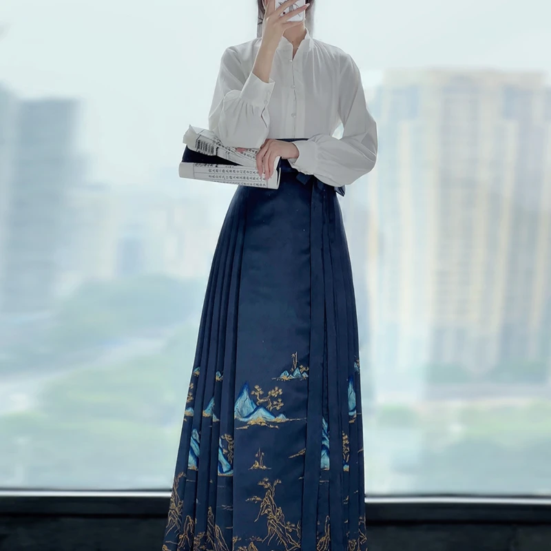 曹州莘月原创汉服女春夏季日常上班飞机袖中国风一片式印花马面裙