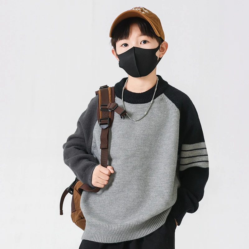 男童拼色毛衣儿童针织衫秋冬装2024新款保暖男孩冬季加厚套头线衣