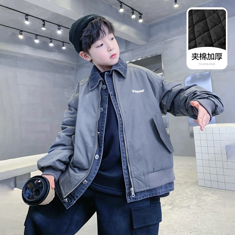 男童秋冬假两件牛仔拼接夹棉外套2024新款儿童男孩冬季痞帅厚棉服