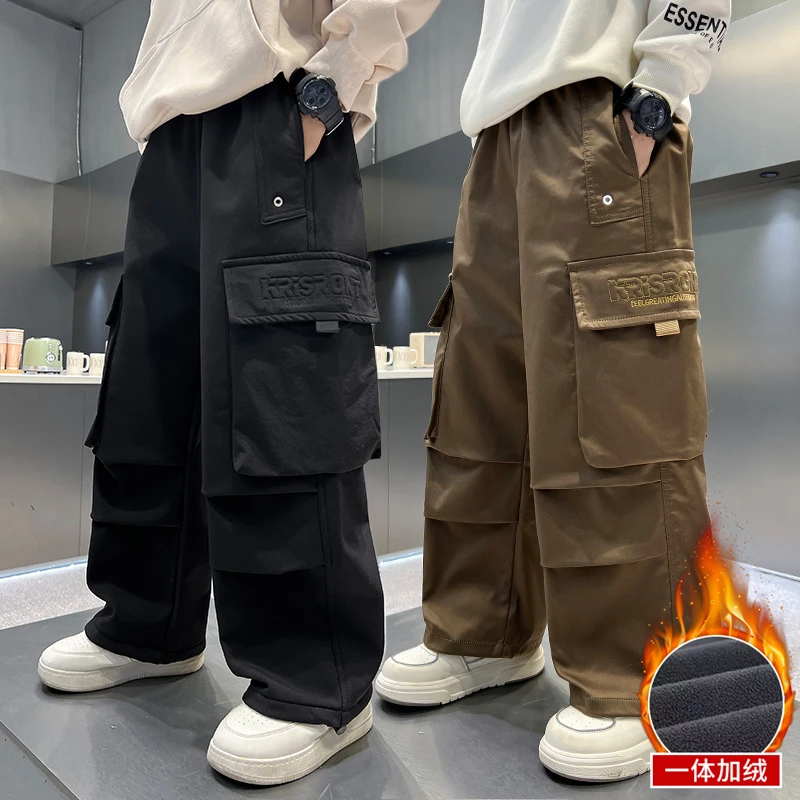 男童加绒工装裤秋冬款2024新款中大童冬装加厚裤子儿童休闲裤痞帅