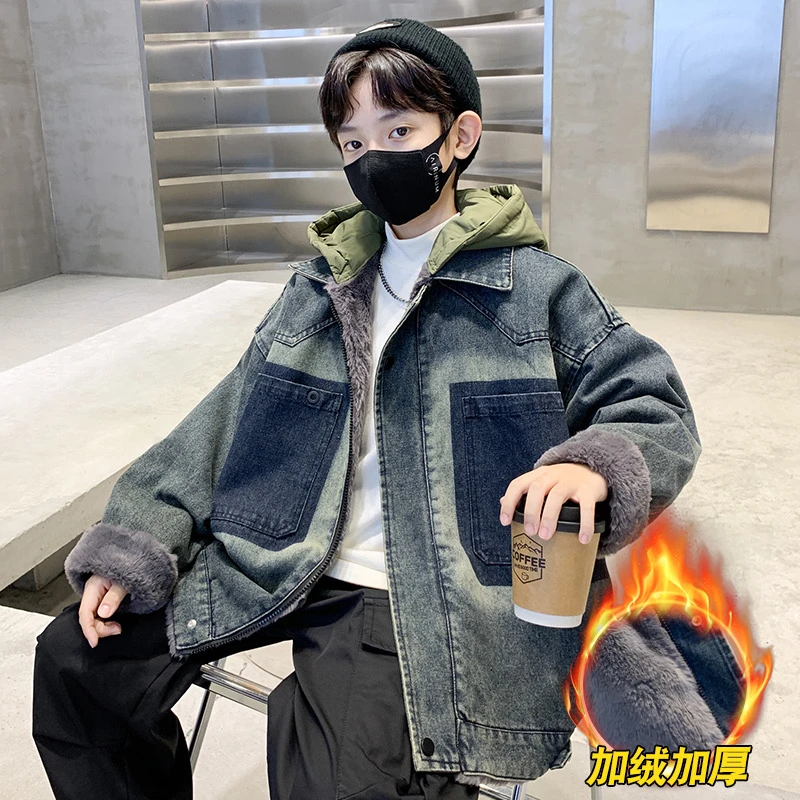 男童秋冬款牛仔派克服外套大儿童装2024新款加绒加厚男孩冬季上衣