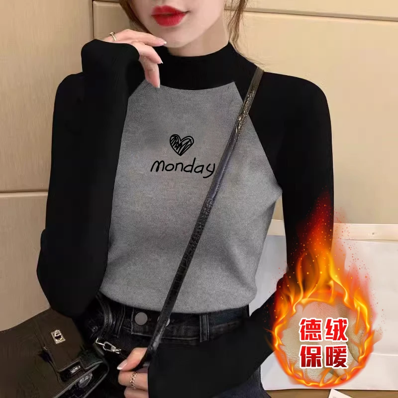 2024秋冬季新款双面德绒长袖t恤女拼接撞色打底小衫大码胖mm上衣