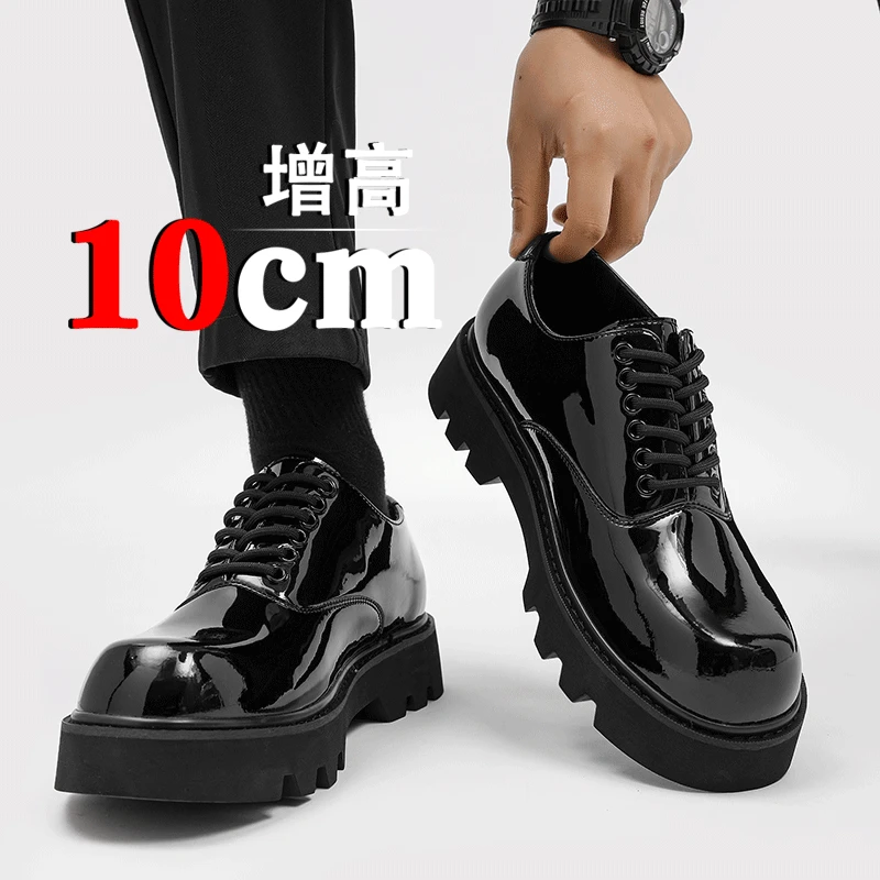 方头皮鞋男士内增高10CM高级感韩版厚底黑色乐福鞋英伦休闲德比鞋