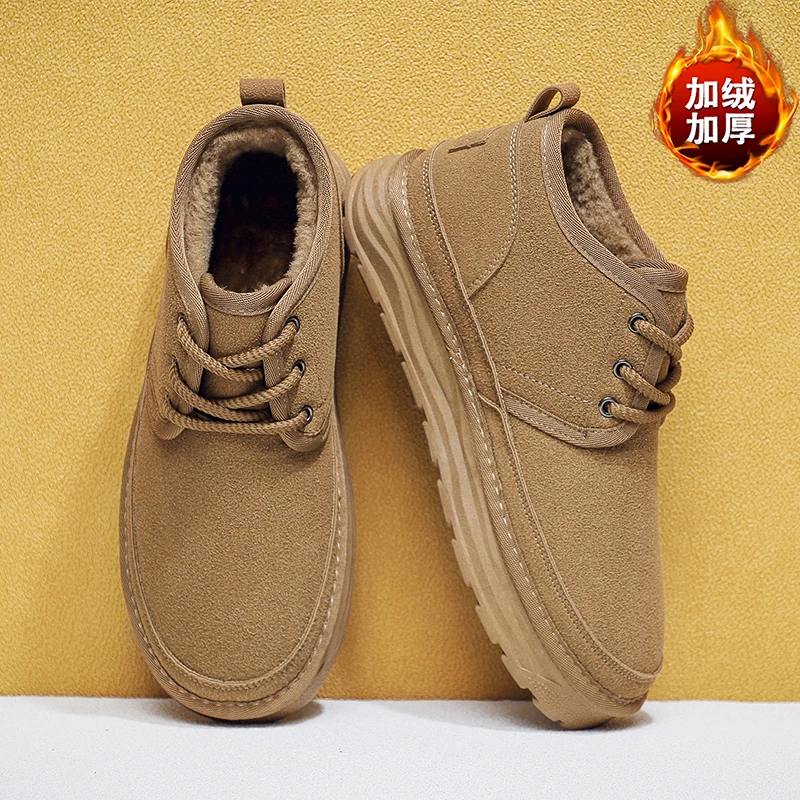 新款加绒磨砂皮男鞋时尚靴短筒加厚雪地靴男士户外防水棉鞋情侣款