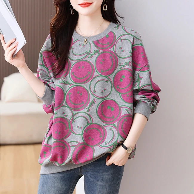 大码女装时尚春秋休闲满印百搭减龄卫衣女长袖2025新款遮肚子上衣
