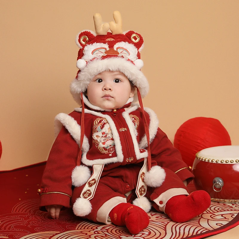 婴儿拜年服冬季连体衣百天周岁抓周礼服龙年男宝女宝喜庆过年衣服