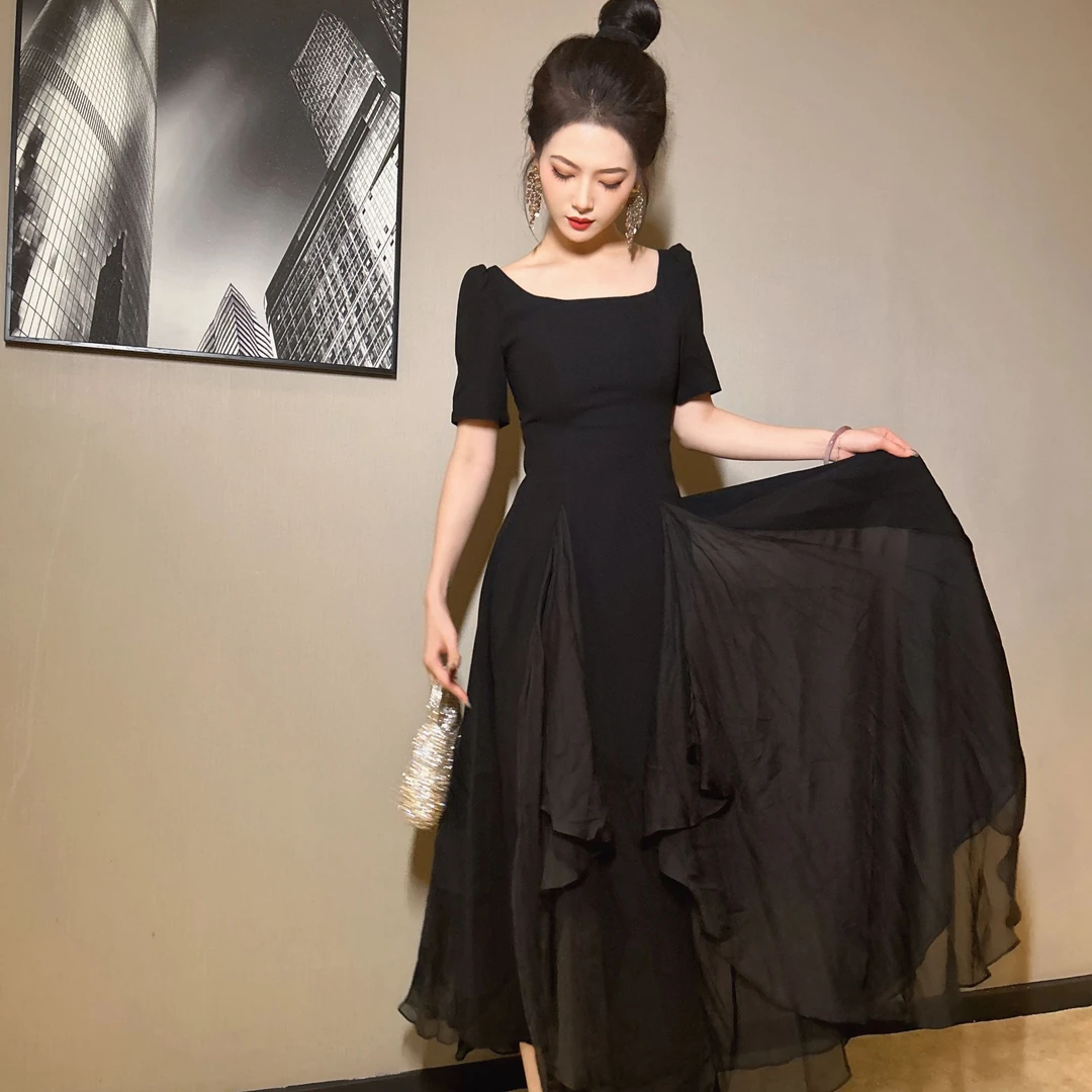Pretty小众设计师品牌江江定制 气质时尚夏季黑色连衣裙9628