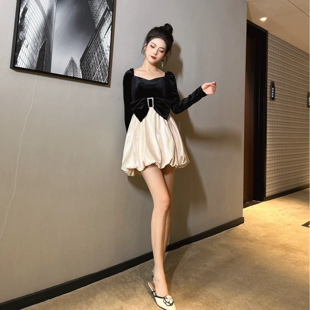 Pretty小众设计师品牌江江定制 显瘦气质长袖时尚连衣裙9418