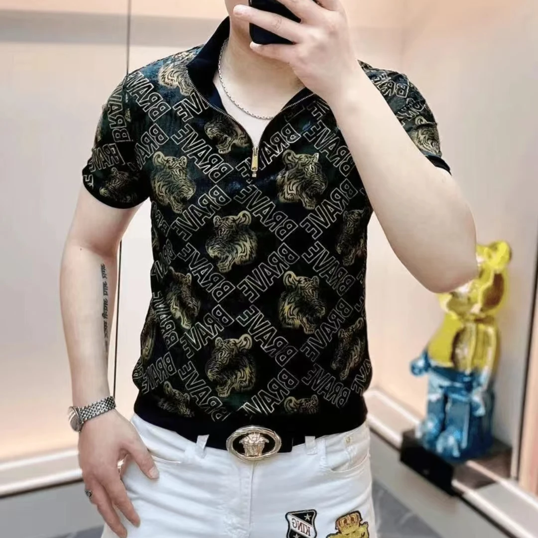 夏季新款虎头男士立领高品质弹力短袖T恤修身百搭轻奢帅气时尚107