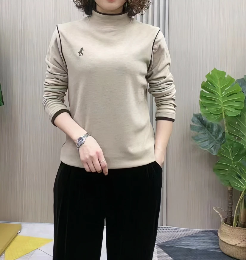 2024秋冬款时尚洋气长袖纯色双面奥绒保暖小衫打底半高领休闲气质