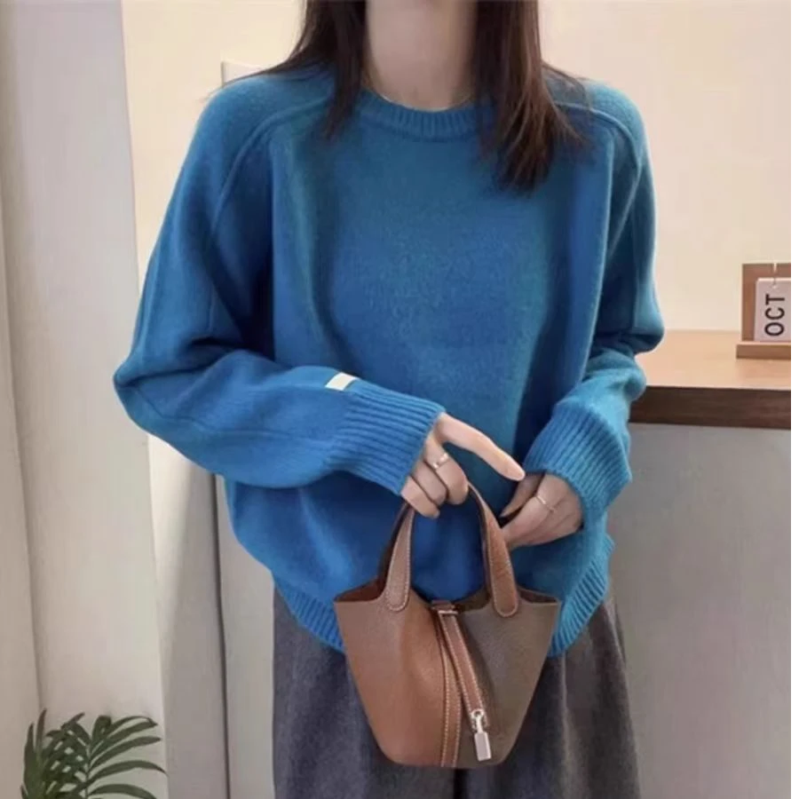 低圆领宽松休闲毛衣2024秋冬新款韩版洋气纯色百搭打底针织女装