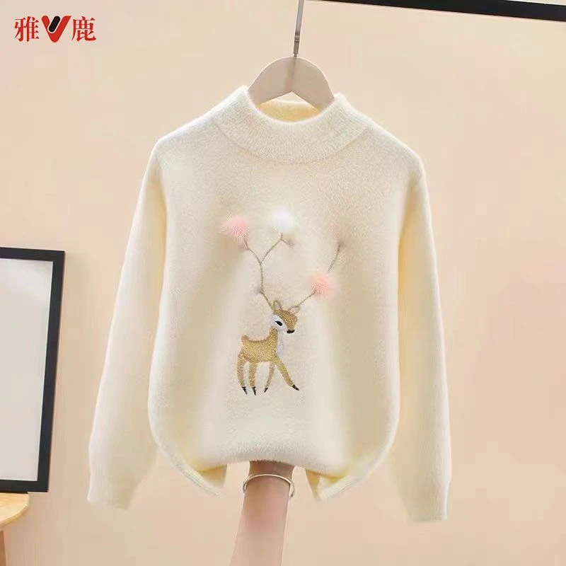 BY雅鹿女童2025春新款仿水貂绒毛衣中大童保暖套头圆领毛衣潮酷