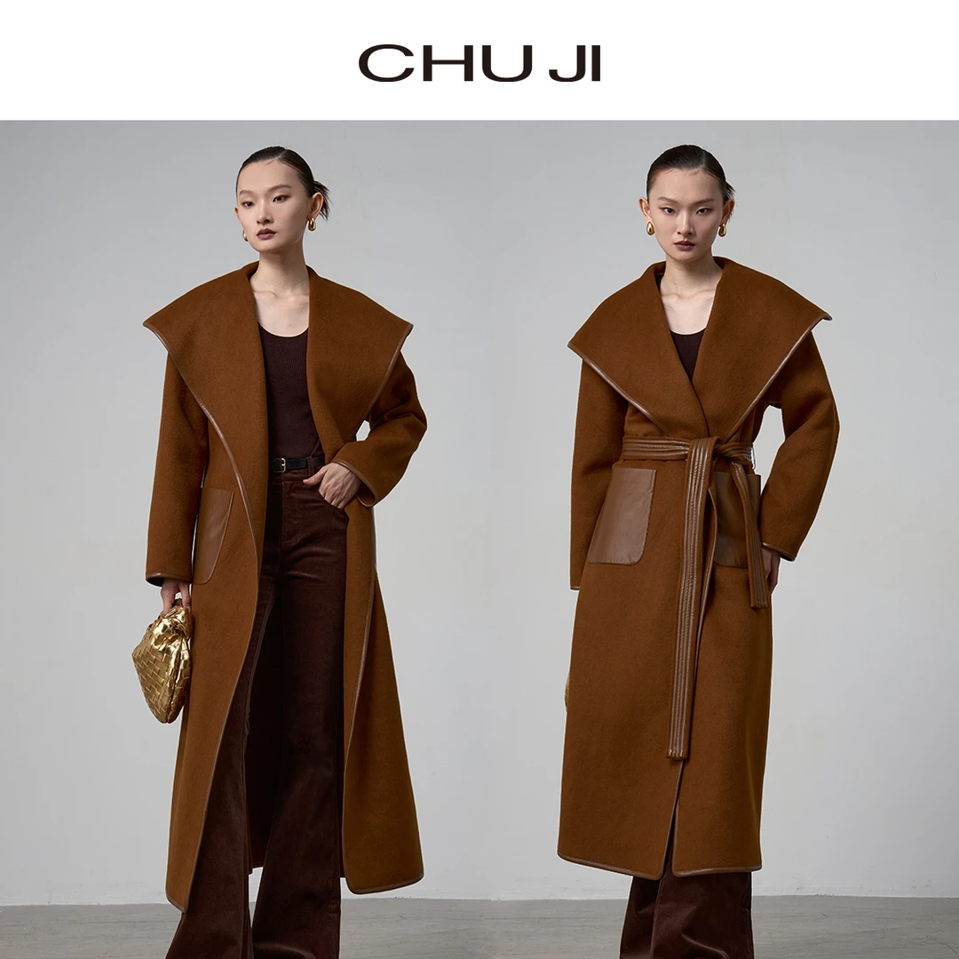 Chuji/出迹气质高级咖摩登拼皮腰带长款大衣外套C2M436W双面呢