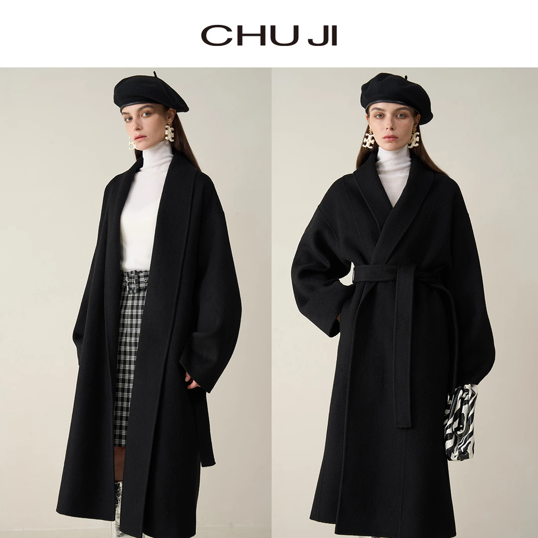 Chuji/出迹黑色系带慵懒风浴袍纯羊毛大衣冬宽松长款外套D2N1892W