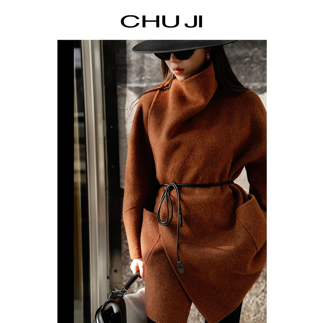 Chuji/出迹高端设计感双面呢中长款外套冬羊毛不规则外套D2N1901W