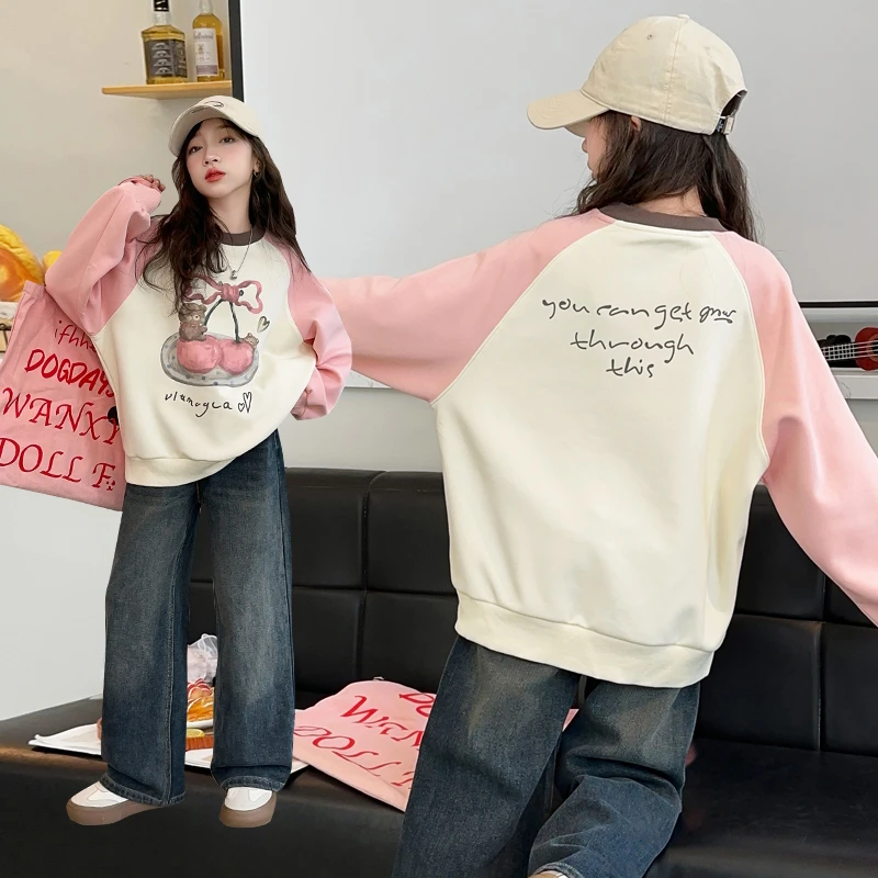 女童秋季新款卫衣女学生长袖洋气休闲印花卫衣中大童拼接打底卫衣