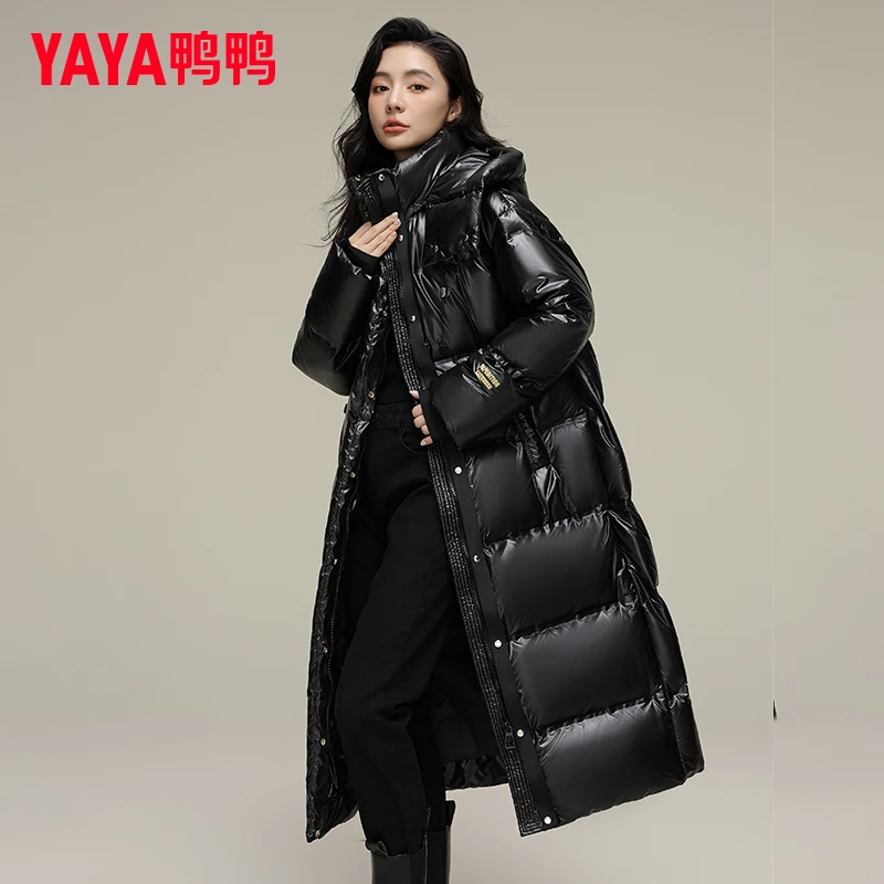 YAYA/鸭鸭黑金羽绒服女中长款保暖2025冬新款超厚过膝面包服外套