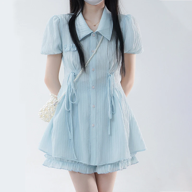 法式POLO领名媛气质蓝色衬衫连衣裙女夏小个子抽绳收腰裤子两件套