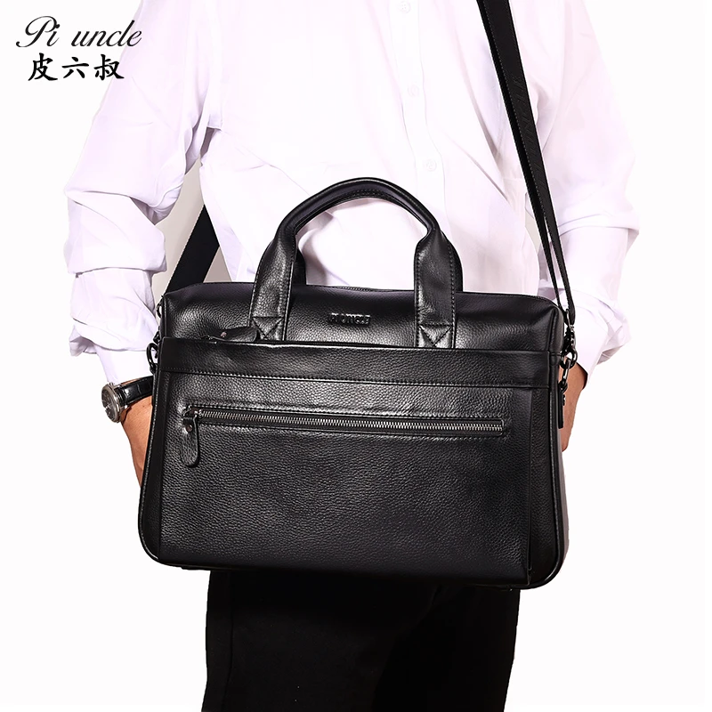 商务手提包男士真牛皮公文包软牛皮耐磨防水大容量A4文件袋斜肩包
