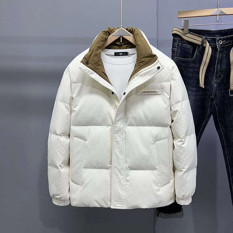 高档韩版时尚保暖肌理羽绒服男短款冬季新款立领面包加厚男士外套