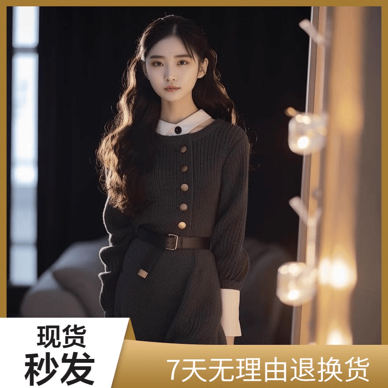 2023秋冬新款女装气质法式茶歇高级感超好看显瘦黑色针织连衣裙子