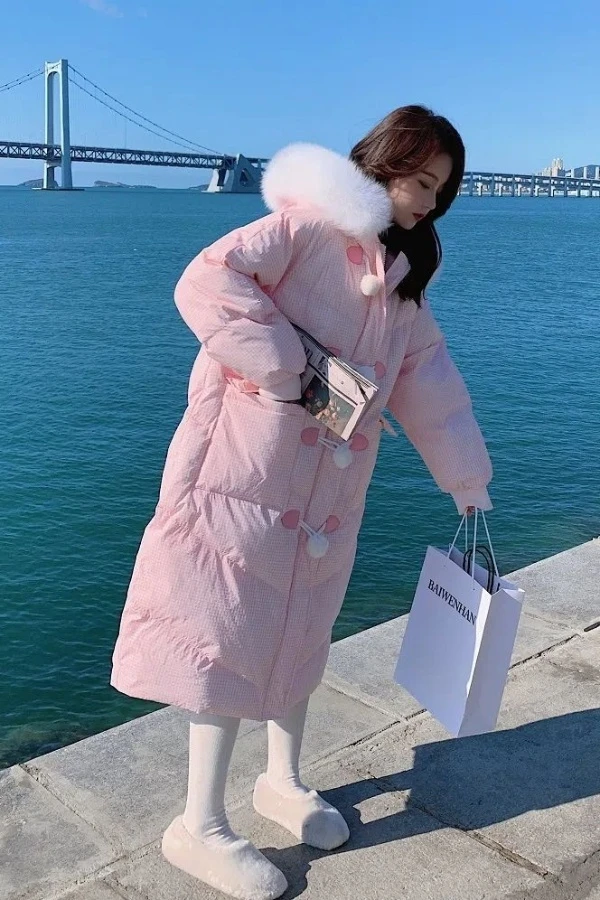 2024新款修身粉色羽绒羽绒服女冬季加厚中长款韩版宽松港风羽绒衣